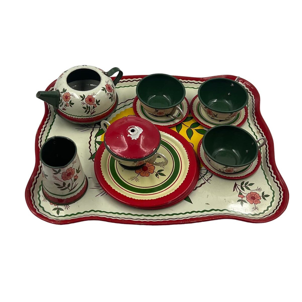 Antique 1930's Tin Ohio Art Co. Bryan Ohio Tea Set‎ 14 Pieces Floral Pattern USA